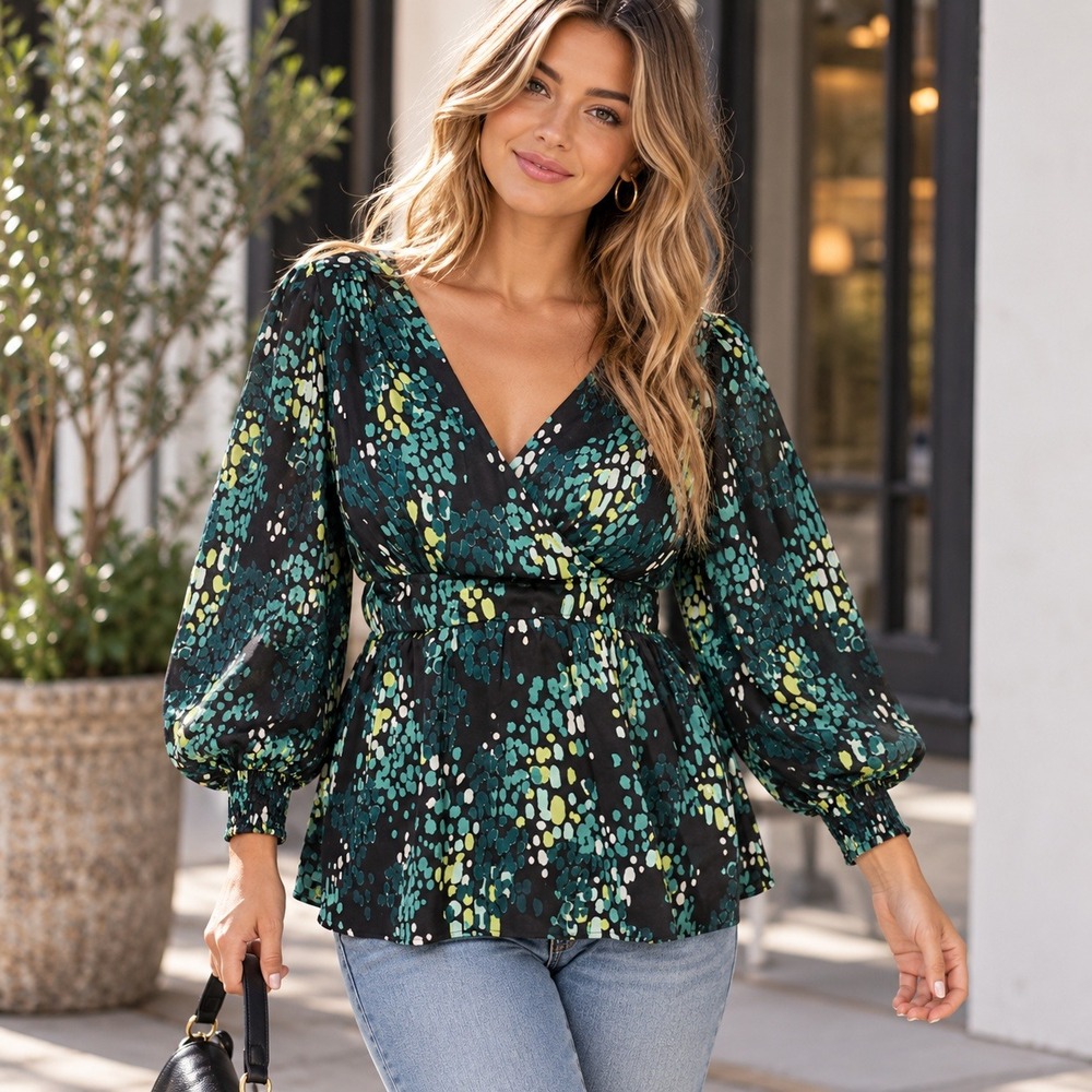 Torrid Blouse Women 2X Black Green Abstract Peplum Surplice V-Neck Boho Romantic